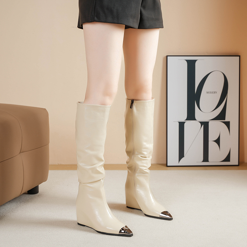 高跟高筒靴内增高金属头方头坡跟