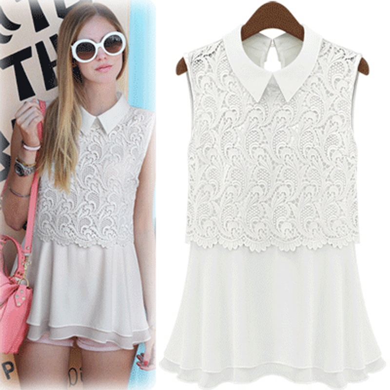 20夏装新款欧美大码女装翻领衬衣领刺绣蕾丝拼接无袖凉爽雪纺TC衫