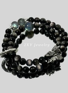 2XY黑银曜石多圈手串月光石拉长石串珠手链双层氛围叠戴蝴蝶原创