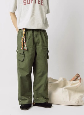 SOFT CONTAINER 军绿泼墨洗水做旧宽松系带工装多袋长裤复古潮流