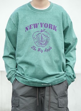 现货 日本制 BARNS 复古水洗做旧 NEW YORK印花 宽松长袖T恤