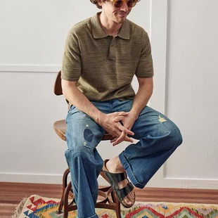 Remains 独家复古竹节棉纯色翻领针织衫短袖polo衫夏季上衣T恤