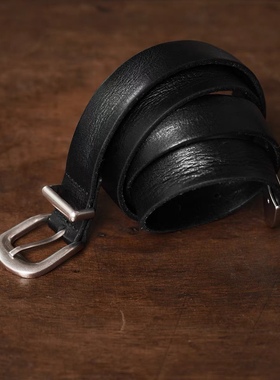 SOFT CONTAINER 黑色褶皱肌理牛皮哑光银带扣西部复古腰带皮带