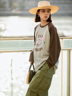 T恤 九分袖 caicaicai 23ss女士全棉宽松套头拼接长款