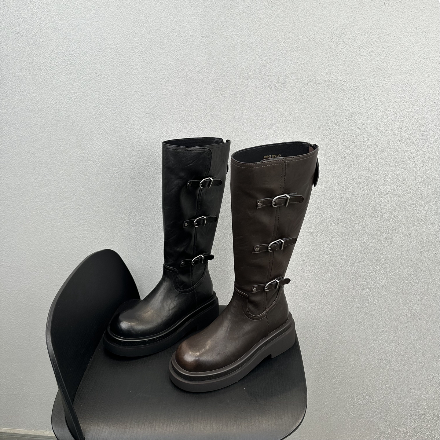 时尚皮带扣圆头厚底高筒靴骑士靴