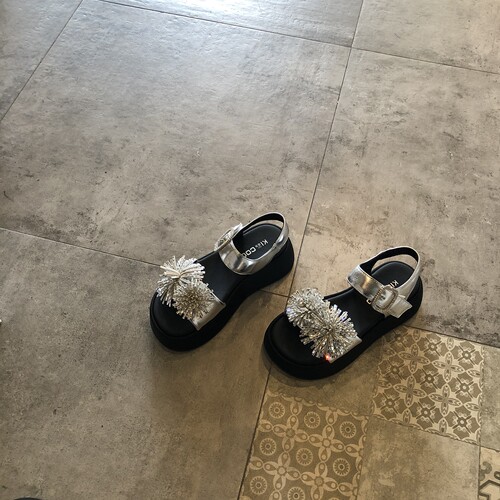 夏季银色水钻露趾厚底罗马凉鞋女