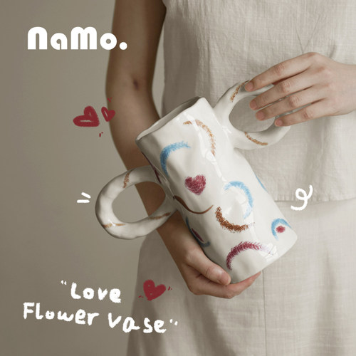 纳茉手工手捏把手陶瓷花瓶摆件