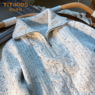 儿童羊绒衫秋冬新款三股特厚中大童女童宝宝拉链翻领针织男童毛衣