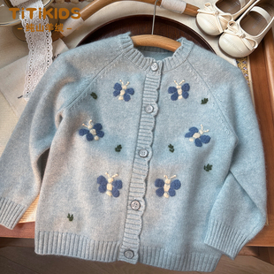 洪叶云台儿童纯山羊绒开衫春秋季女童中小童上衣外套新款宝宝毛衣