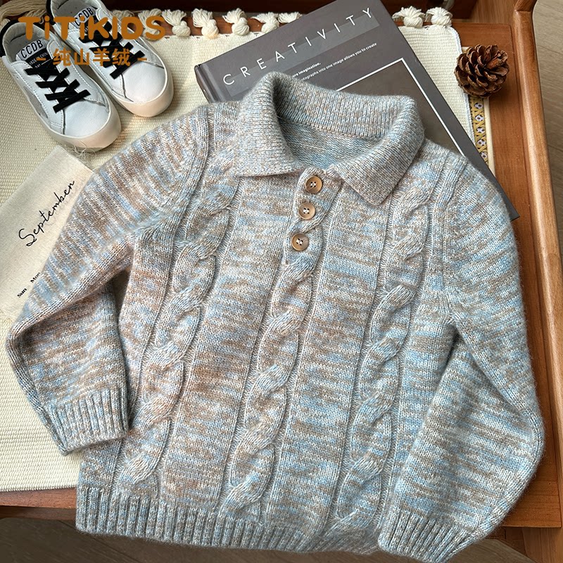 男童羊绒衫新款冬季翻领三股加厚中大童宝宝女童夹花复古儿童毛衣