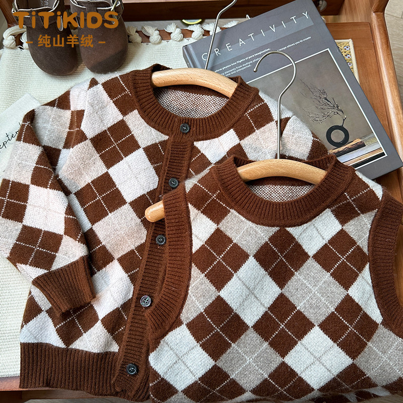 儿童纯羊绒开衫女童复古英伦风秋冬加厚男童中小童宝宝针织衫外套