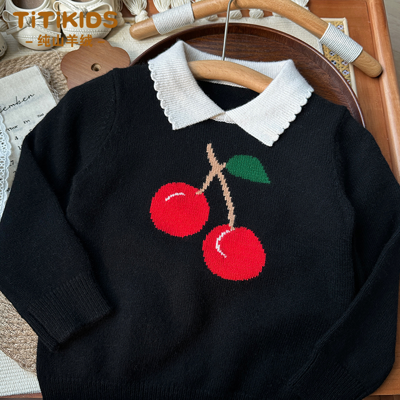 女童羊绒衫中小童宝宝女孩翻领洋气加厚黑色樱桃秋冬新款儿童毛衣,童装/婴儿装/亲子装,毛衣/针织衫,淘宝优惠券,粉丝福利购,淘宝优惠卷