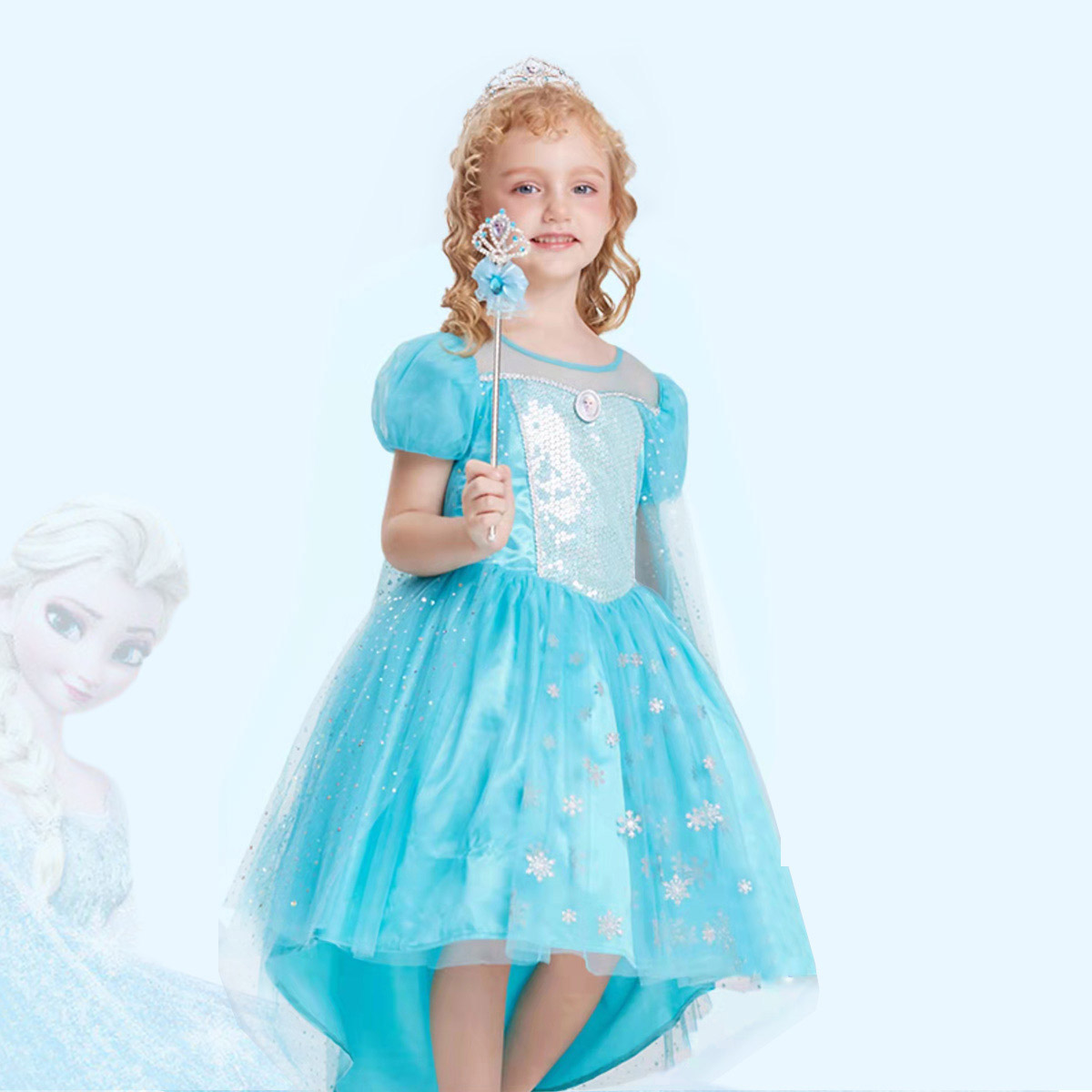 迪士尼女童冰雪奇缘连衣裙演出礼服裙儿童短袖纱裙艾莎公主裙新款