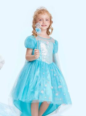 迪士尼女童冰雪奇缘连衣裙演出礼服裙儿童短袖纱裙艾莎公主裙新款
