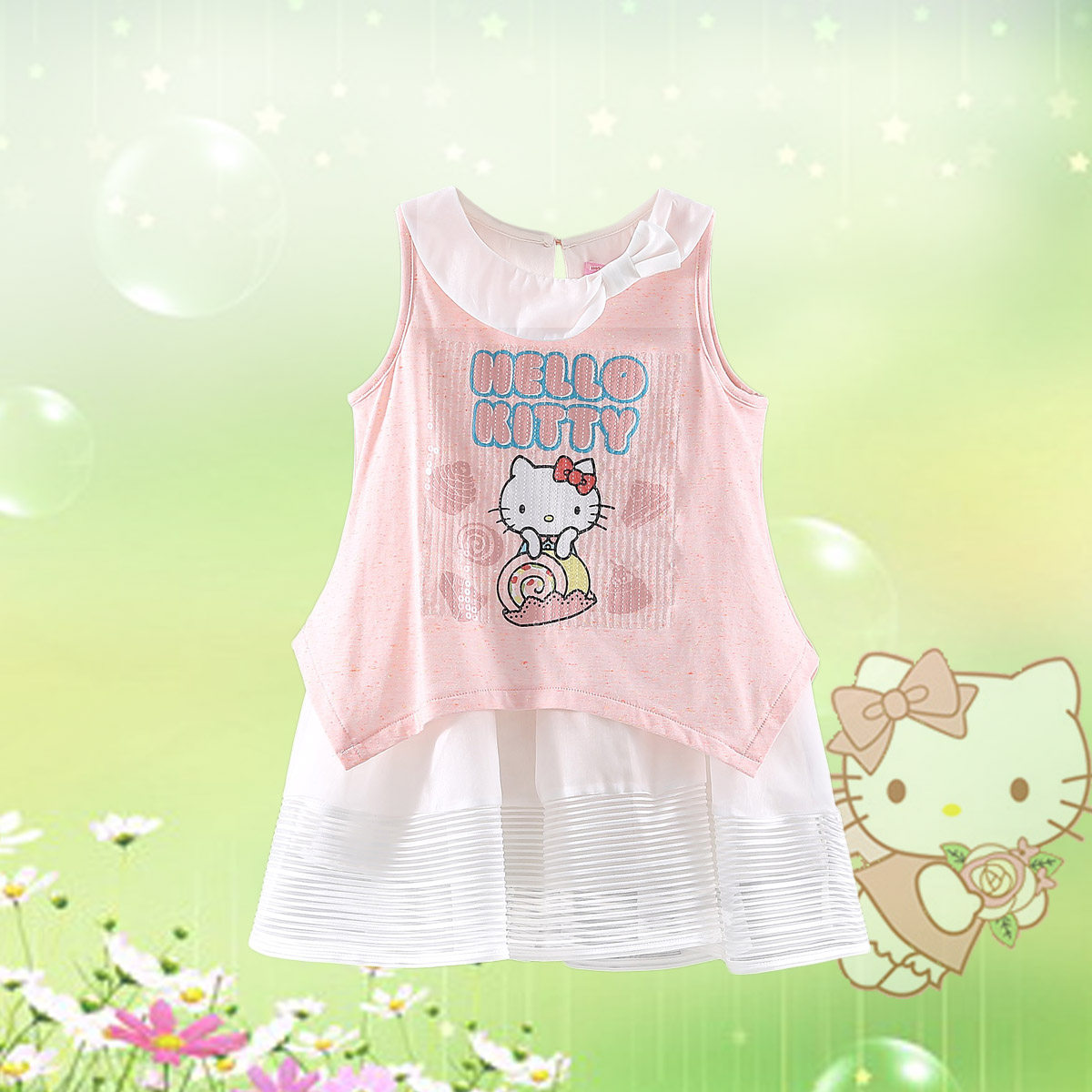 hellokitty童装女童荷叶领连衣裙夏季中大童凯蒂猫裙子韩版背心裙