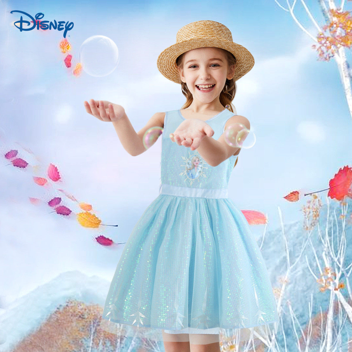 迪士尼童装女童圆领公主裙背心裙冰雪奇缘女孩连衣裙演出服仙女裙