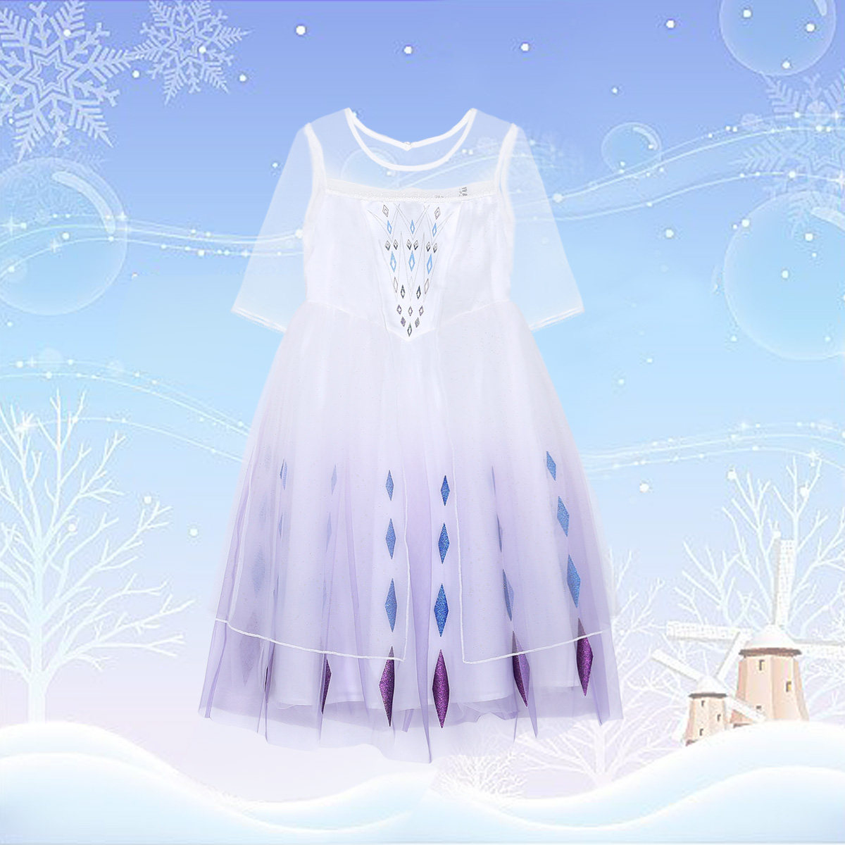 迪士尼童装中大童艾莎公主裙冰雪奇缘薄纱披肩女童网纱中袖连衣裙