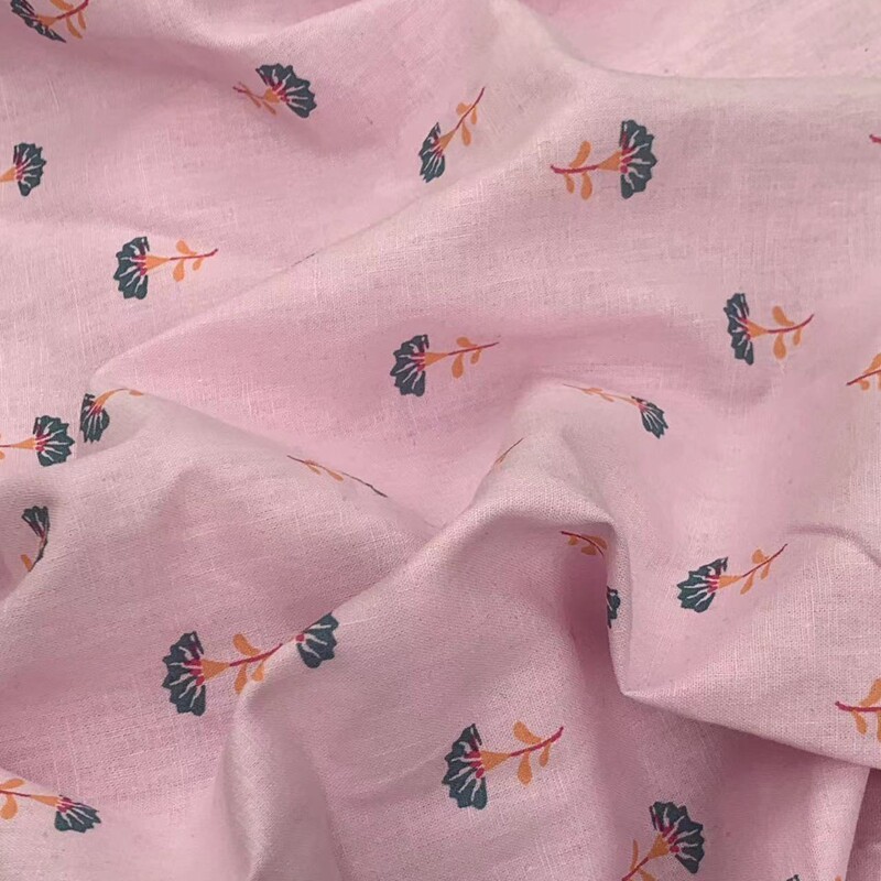 定制款细支纱亚麻棉印花布粉色底印小喇叭花布小清新不透连衣裙布