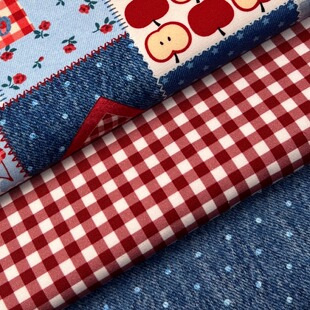 独家版权 仿牛仔拼布 印花全棉细帆  宠物口水巾 DIY布料