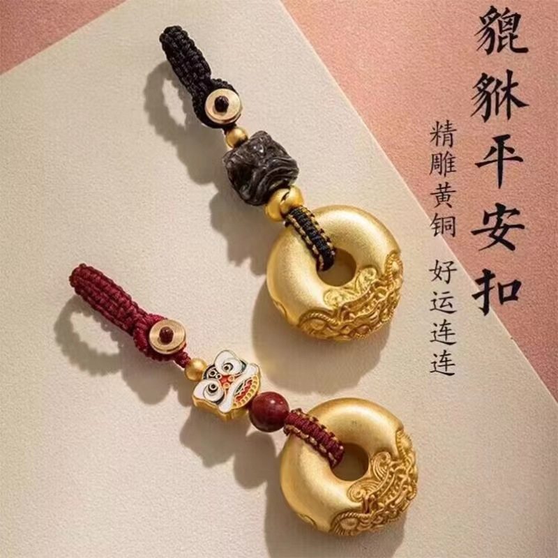 醒狮貔貅平安扣汽车钥匙扣挂件沙金实心黄铜男女高档包包平安挂饰