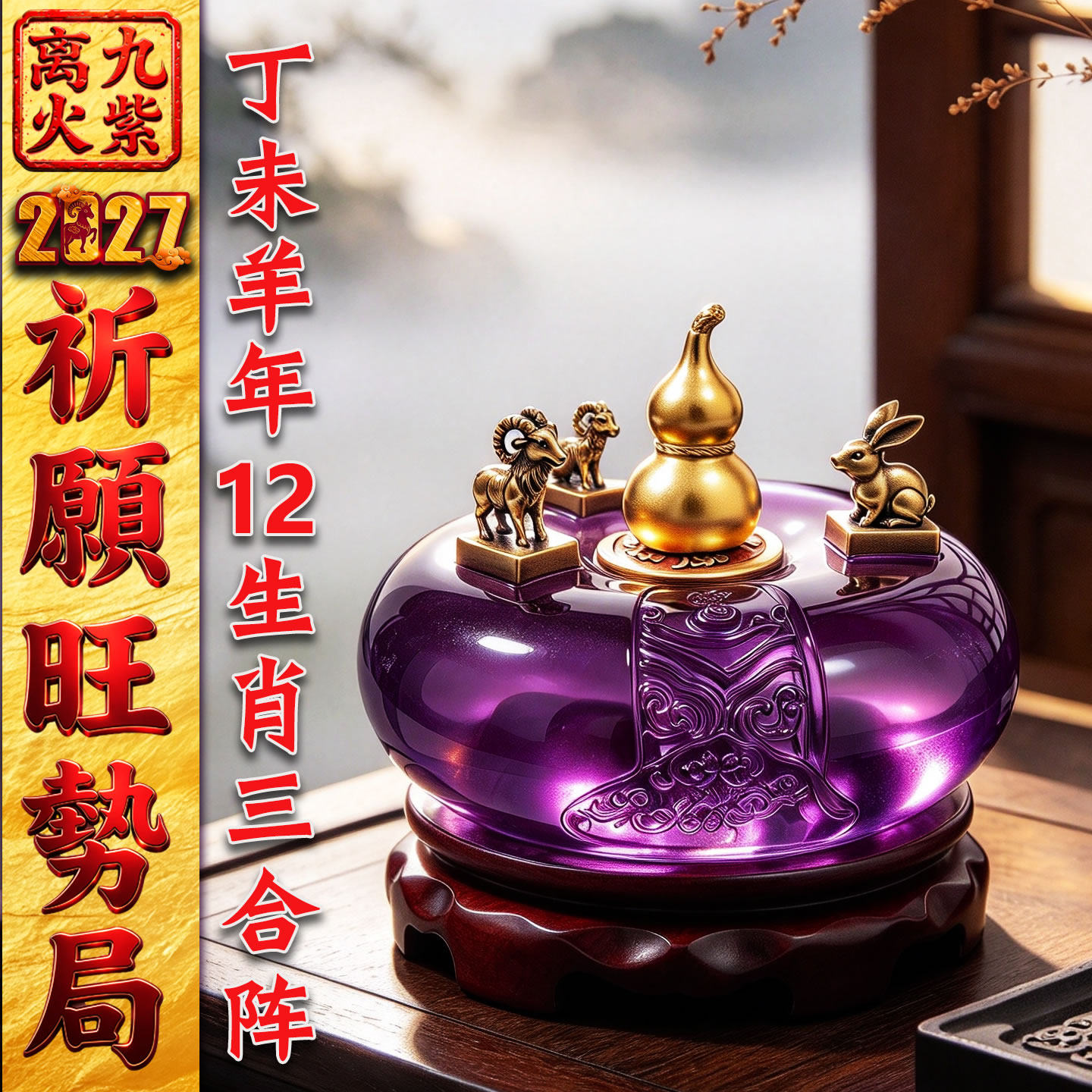 慈风阁2027原创琉璃十二生肖三合摆件朱砂葫芦文昌塔龙龟招财元宝