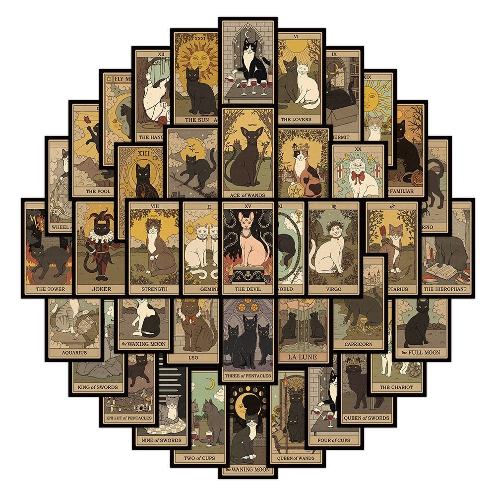 50张小猫咪塔罗牌涂鸦贴纸亚马逊 收纳盒笔记本汽车防水贴画图片