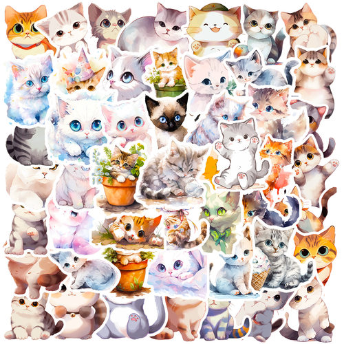 50张植物水彩猫跨境涂鸦贴纸画笔记本电脑行李箱水墨猫咪手账贴纸