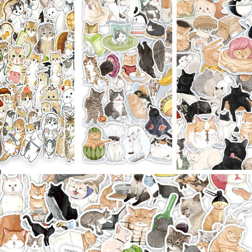 50张卡通手绘猫咪可爱手账贴纸防水行李箱文具吉他笔记本sticker