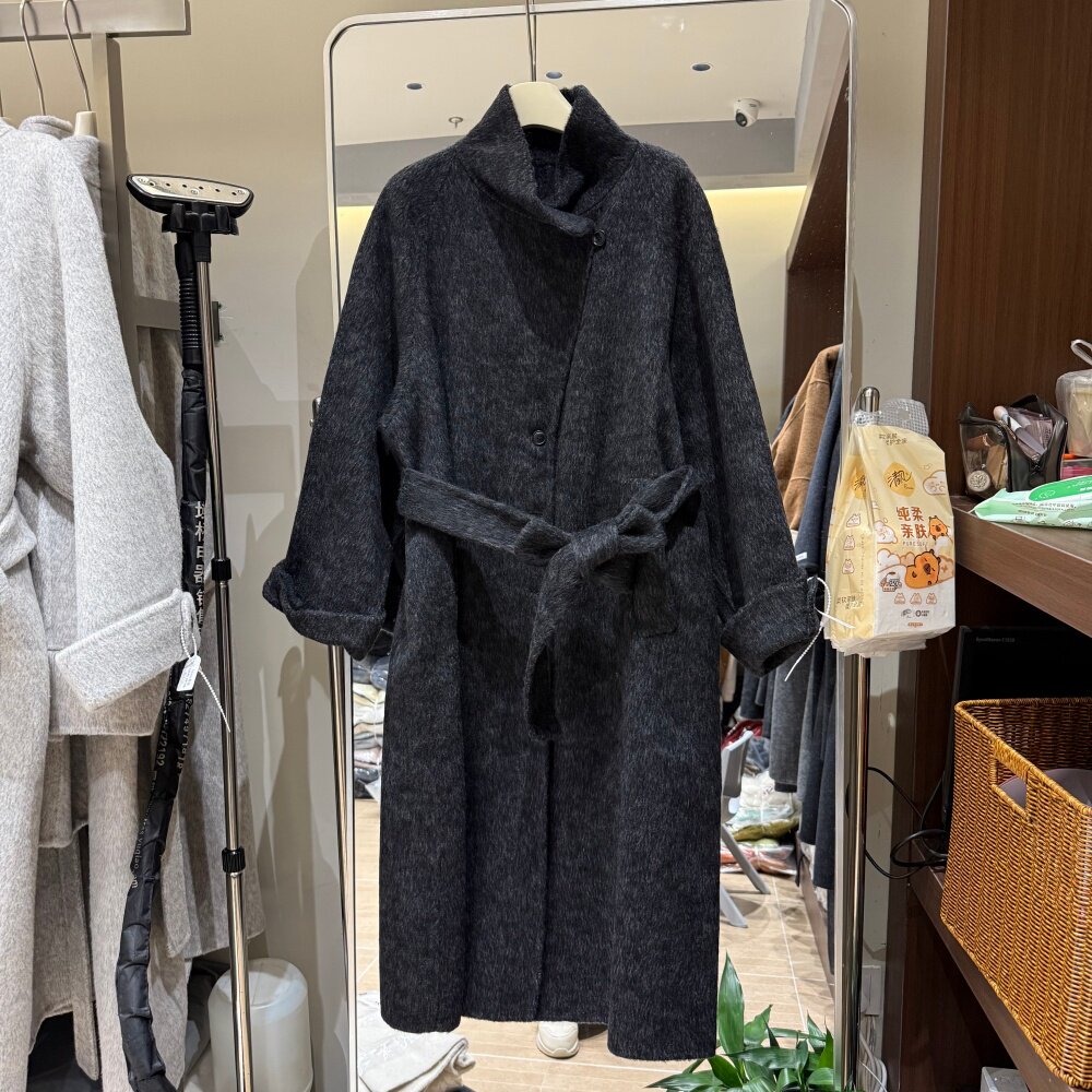 法式极简百搭宽松中长款双面羊绒大衣女秋冬系带显瘦毛呢外套8199