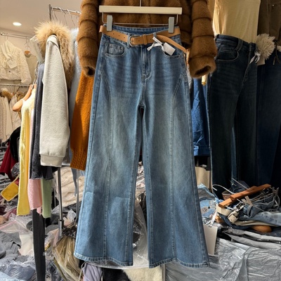 显瘦百搭宽松喇叭牛仔裤女2026春新款配腰带柔软垂感拖地长裤8231