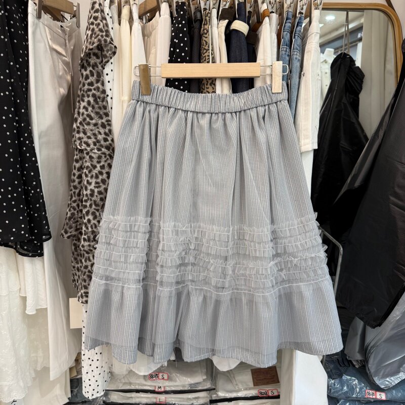 韩系温柔风松紧腰格纹拼接花边网纱半身裙女2026新款A字中裙8005