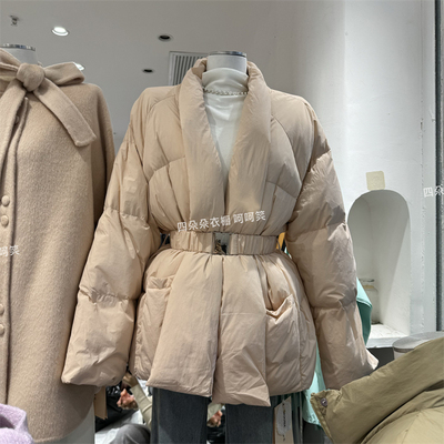 法式气质V领洋气显瘦羽绒服女2024冬季新款系带收腰修身外套24813