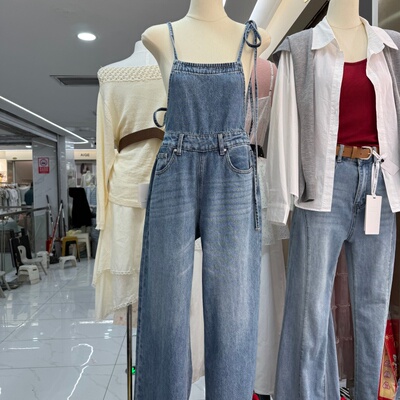 韩系减龄学院风吊带牛仔裤女26新款慵懒风宽松显瘦阔腿背带裤6133