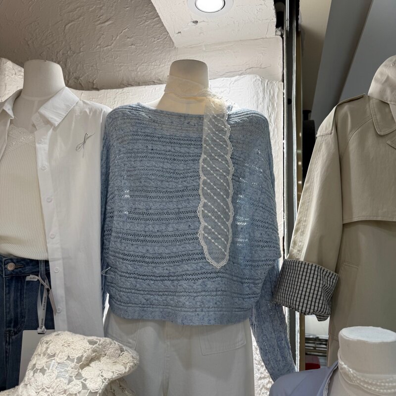 法式不规则蝙蝠袖斜肩长袖针织衫+吊带背心2026春两件套上衣7503