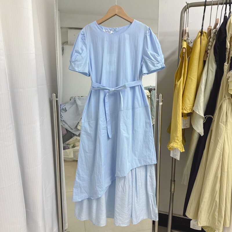 夏季少女感浅蓝色假两件连衣裙女韩版休闲系带收腰显瘦长裙98302
