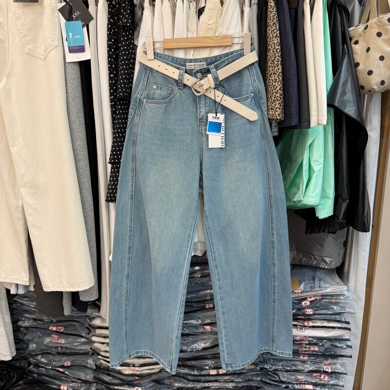 韩版阔腿复古弯刀牛仔裤女2026春浅色高腰宽松哈伦显瘦长裤68271