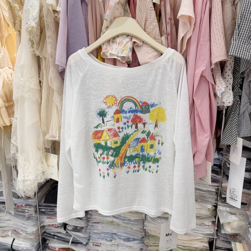 小房子印花长袖面膜防晒T恤女夏季韩式宽松遮肉显瘦慵懒上衣6281