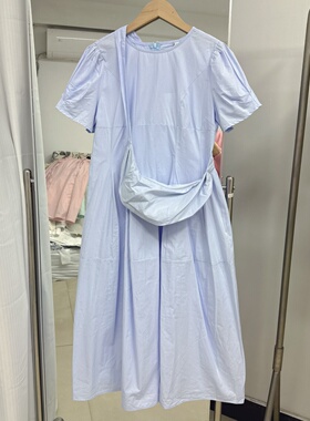 韩系休闲风配包包短袖连衣裙女浅蓝色圆领泡泡袖宽松中长裙20106