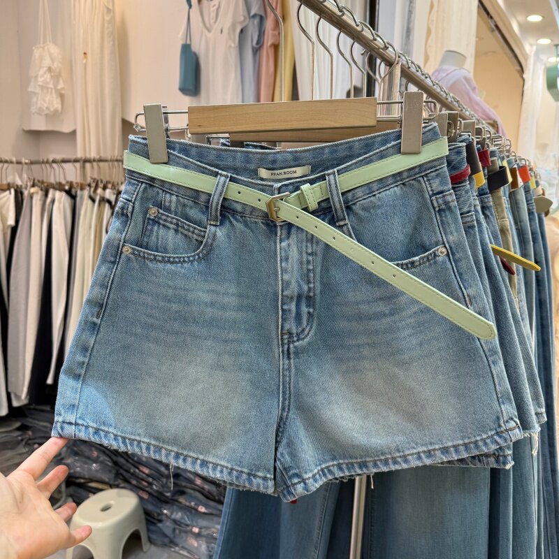 高腰显瘦牛仔短裤女夏季新款韩系简约百搭绿皮带A字阔腿热裤5055