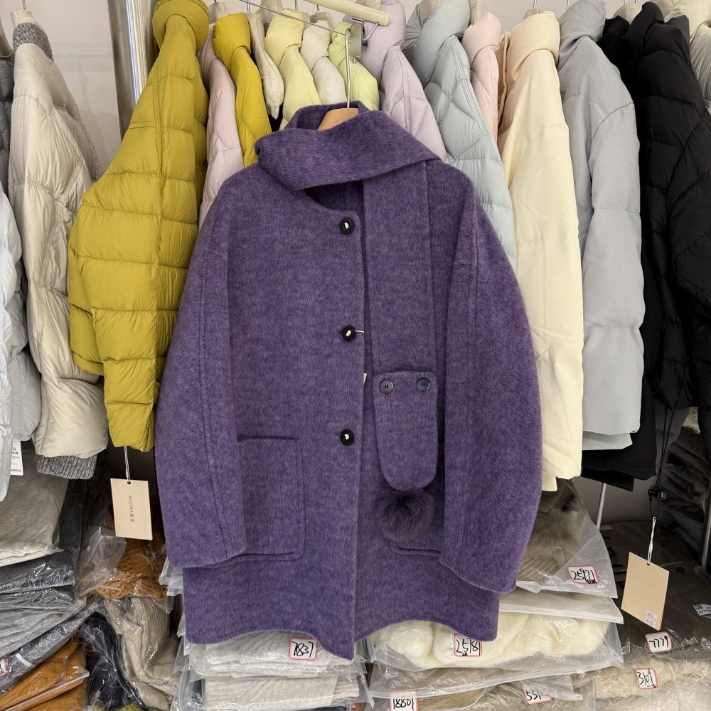 高级感双面羊绒大衣女小个子配围巾圆领宽松休闲羊毛呢外套2503-1