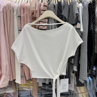 韩系一字领斜肩短袖 显瘦上衣9101 T恤女不规则绑带白色宽松蝙蝠袖