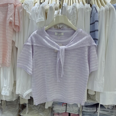 2026夏新款韩系温柔风氛围感配披肩短袖针织衫女圆领宽松上衣2687