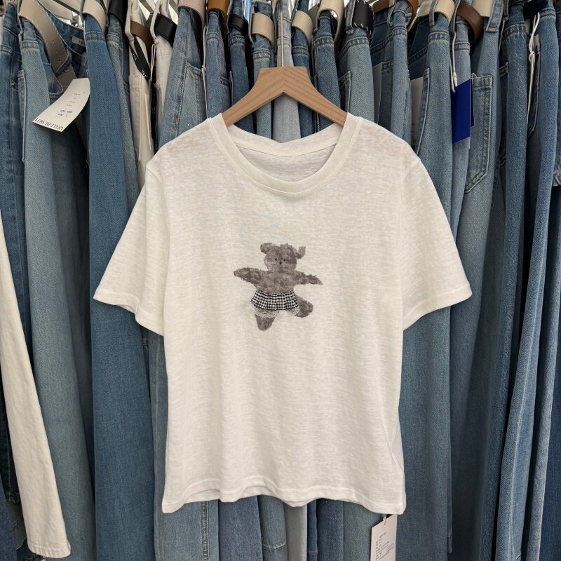 可爱小熊白色短袖T恤女纯棉圆领打底衫2026夏季新款宽松百搭8216