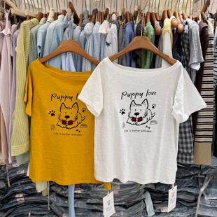 小狗印花斜肩一字领短袖T恤女2026夏季新款棉质慵懒宽松上衣6677