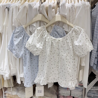 甜辣一字领露肩泡泡短袖衬衫女韩系小碎花收腰显瘦小个子上衣108