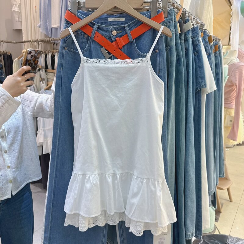 韩系穿搭下摆双层蕾丝花边吊带背心女中长款外穿内搭无袖上衣7735
