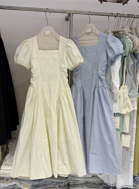 法式气质方领泡泡袖高腰显瘦短袖连衣裙女夏季新款A字长裙子2722