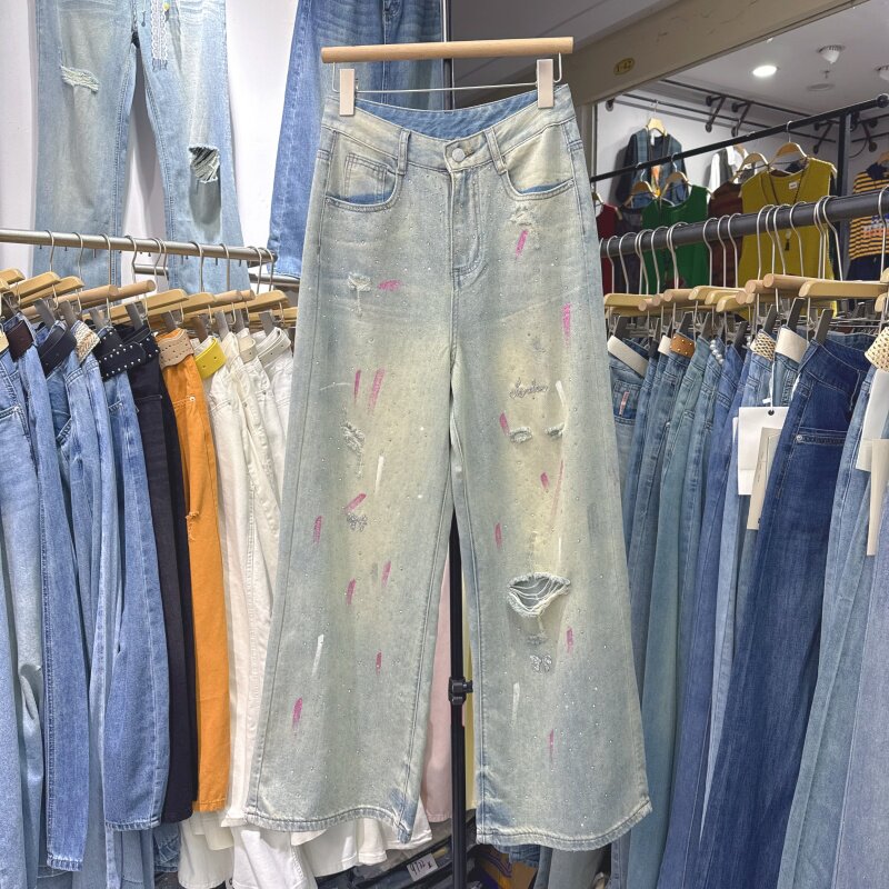 辣妹洋气阔腿牛仔裤女夏季薄款彩绘烫钻个性破洞直筒拖地长裤310