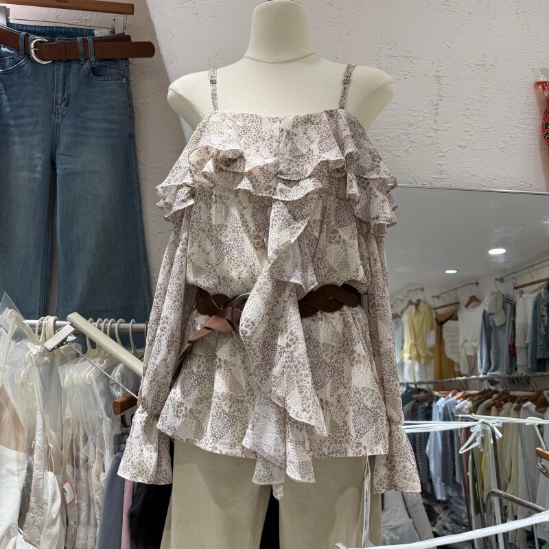 韩系小碎花露肩吊带荷叶边长袖衬衫女宽松显瘦配腰带雪纺衫261007