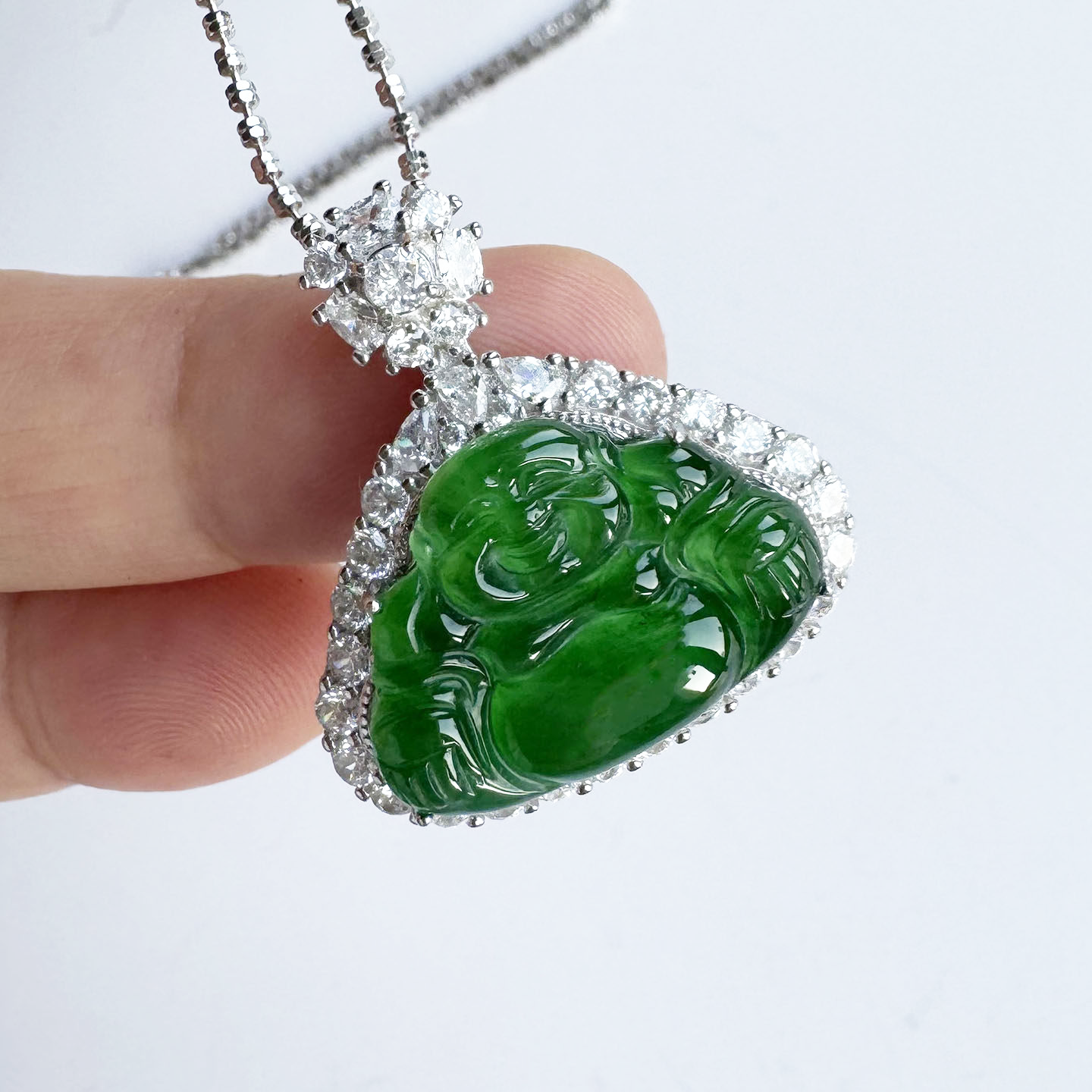 翡翠林 缅甸天然辣绿翡翠佛公吊坠冰种A货浓阳绿色笑佛弥勒佛玉坠